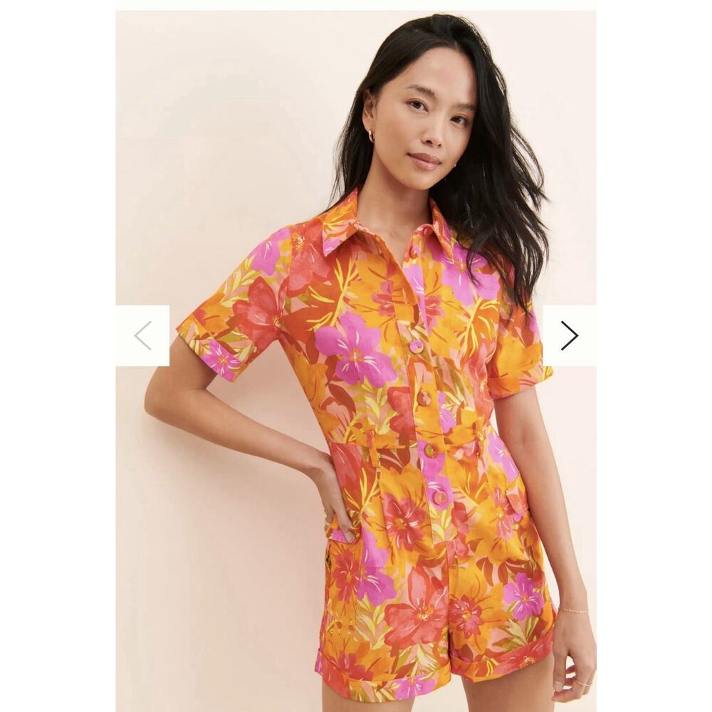 Anthropologie Kachel Floral Linen Romper Pink Orange Botanical Print Size 2